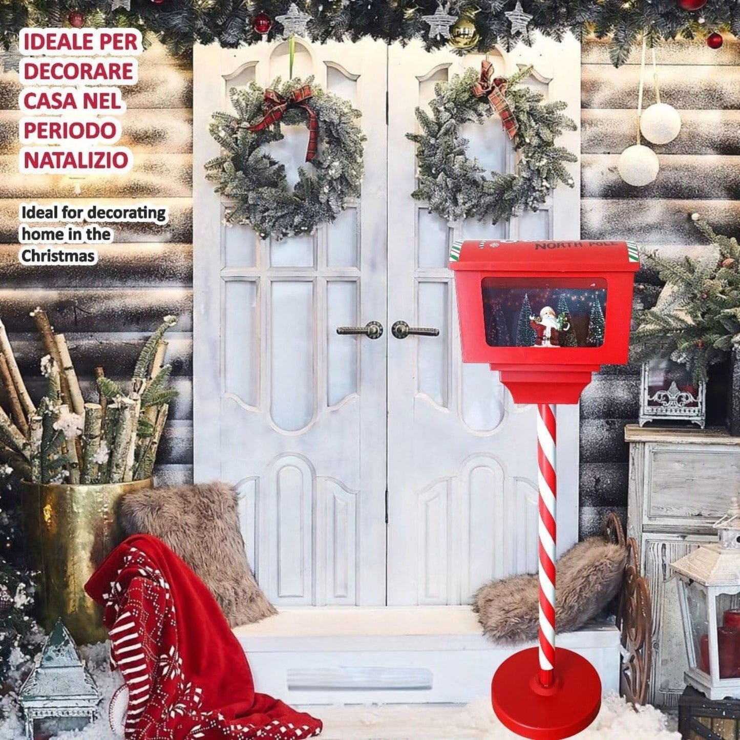 Cassetta Postale Babbo Natale da 150cm con Palo Luci LED e Suoni Idea Regalo