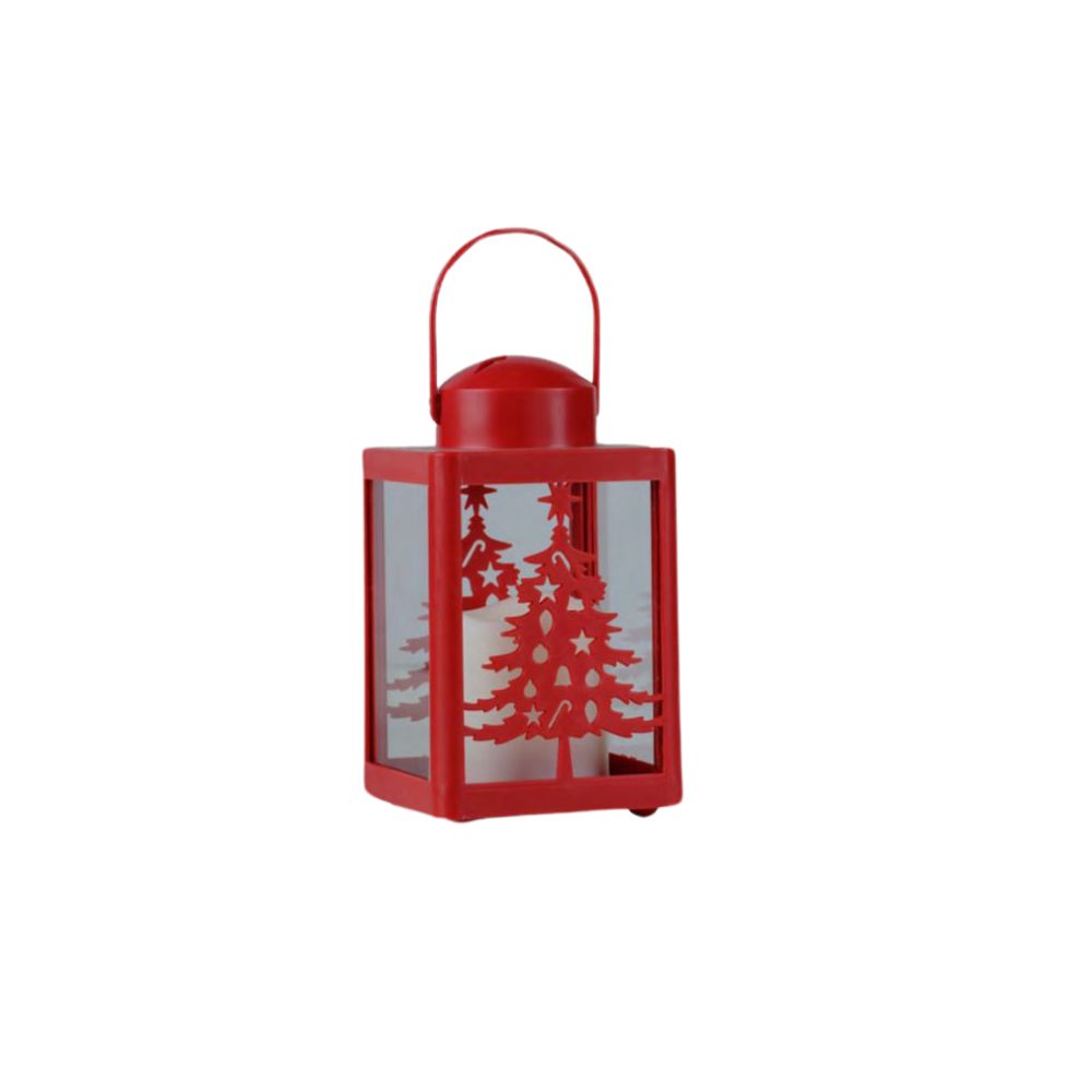 Lanterna Natalizia LED in Metallo Rossa Decorativa con Albero di Natale