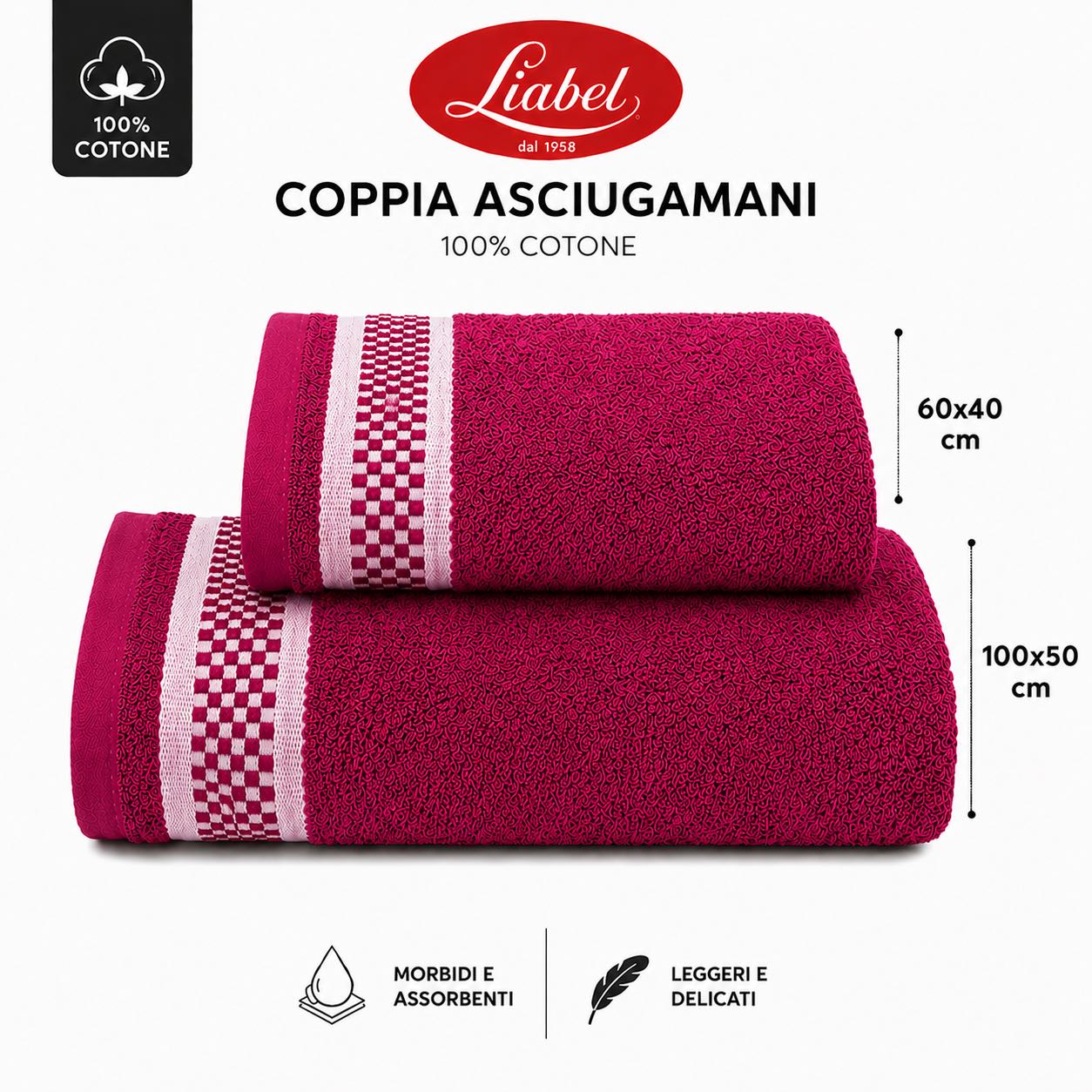Liabel Asciugamani Set 2 pezzi 100x50 e 60x40 Fucsia