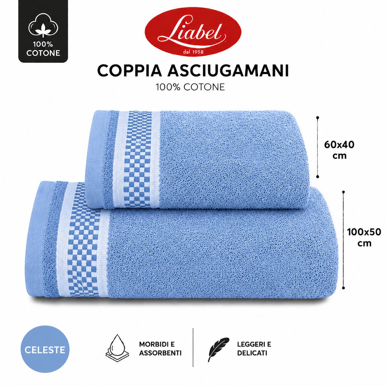 Liabel Asciugamani Set 2 pezzi 100x50 e 60x40 Azzurro