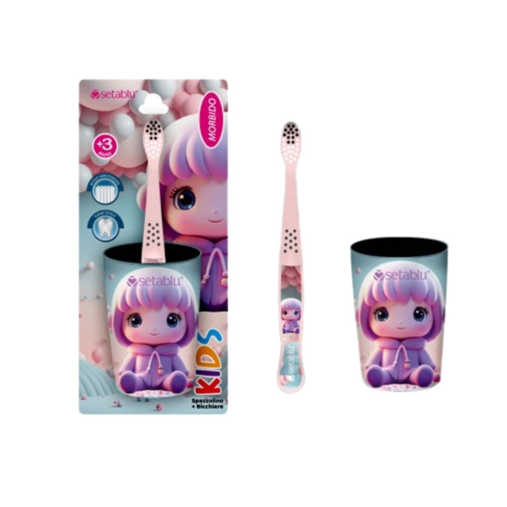 Setablu Spazzolino Kids Morbido + Bicchiere Personaggi a scelta Kids