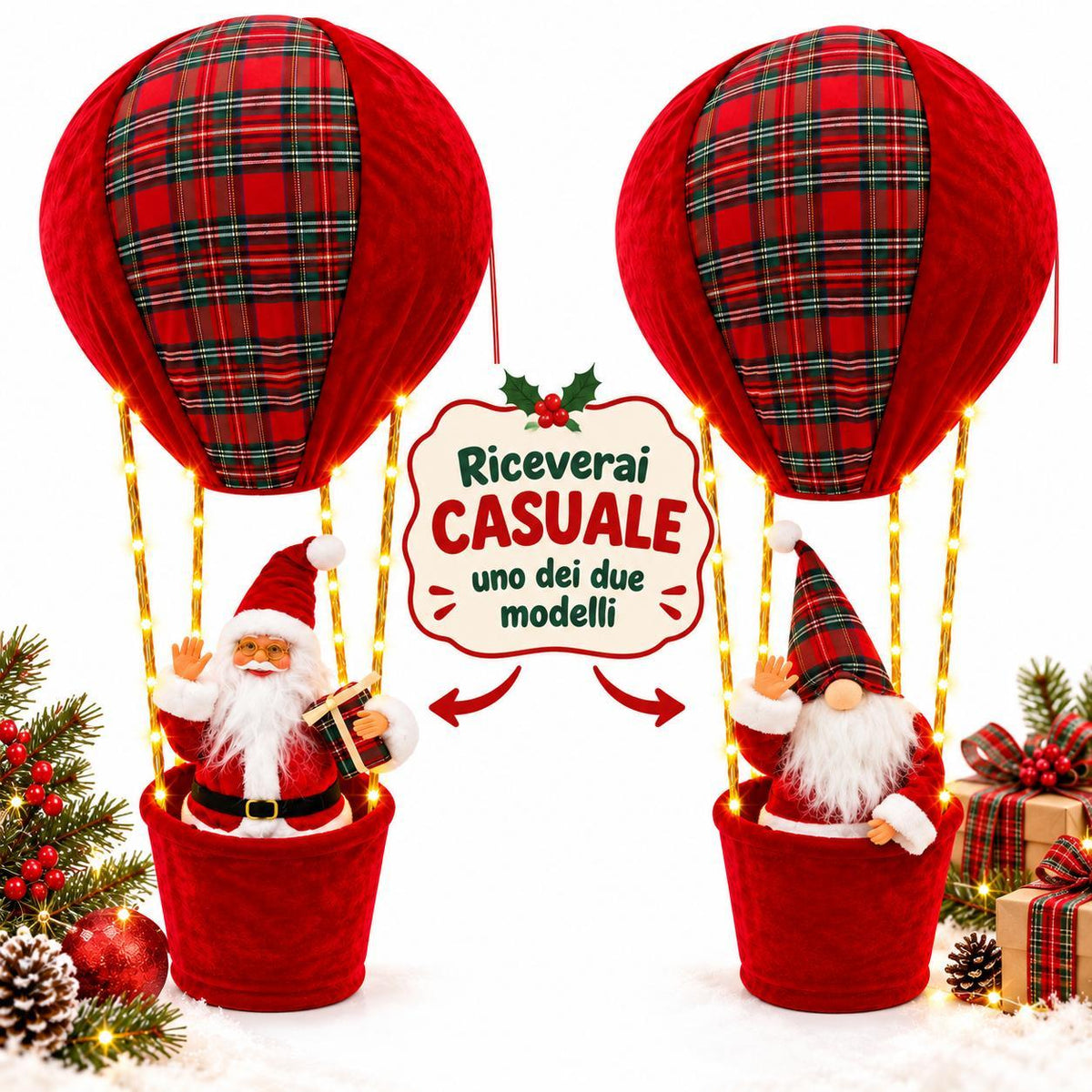 Babbo Natale in Mongolfiera, Set con Luci, 90 cm, Idea regalo