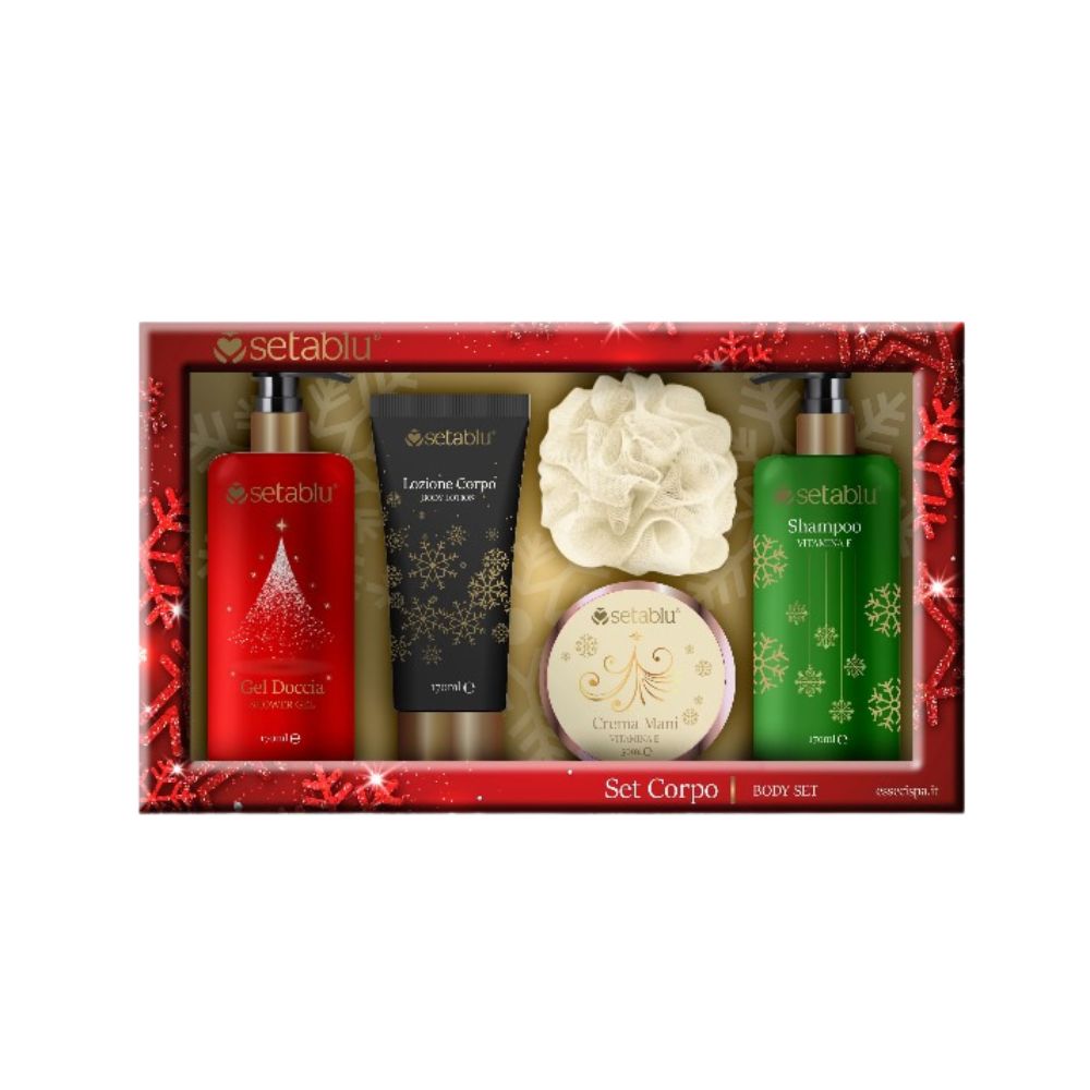 Setablu Set Corpo Natalizio con Gel Doccia + Shampoo Lozione Corpo + Crema Mani+ Spugna doccia