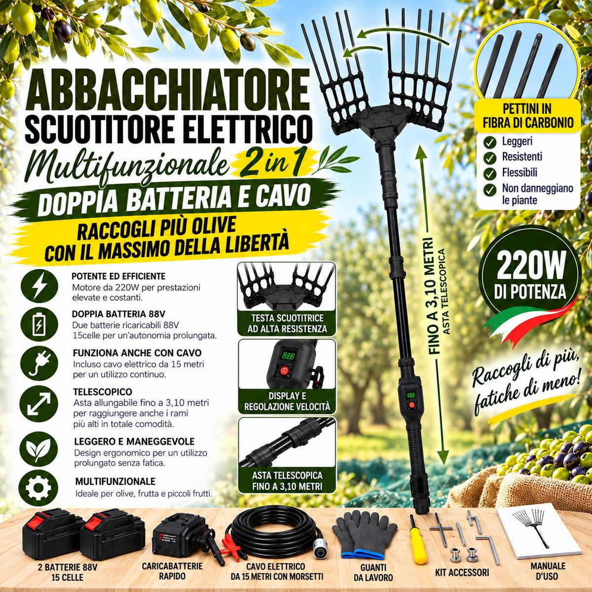 Abbacchiatore Elettrico Telescopico per Olive 12V 400W
