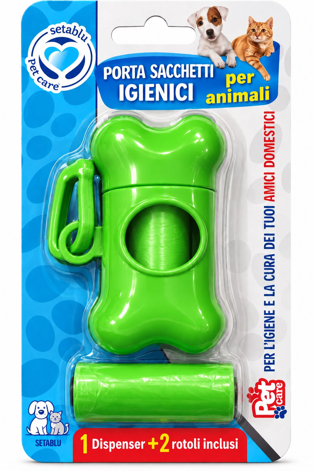 Setablu Porta Sacchetti Igienici per Cani con Clip Dispenser + 2 Rotoli Verde