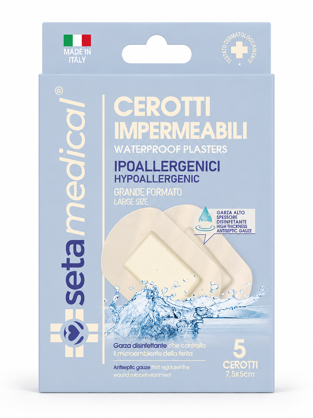 SetaBlu 5 Cerotti Impermeabili Waterproof Ipoallergenici Grande Formato 7,5x5 cm