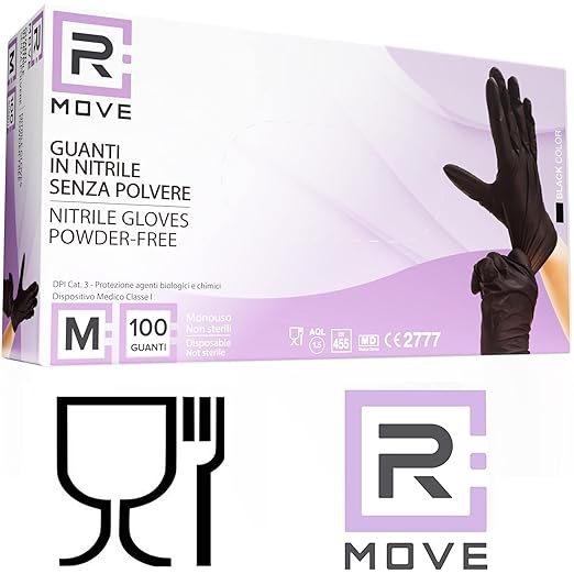 R Move Guanti in Nitrile Neri Senza Polvere TG M - Box da 100pz