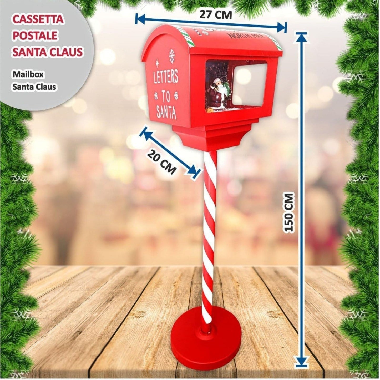 Cassetta Postale Babbo Natale da 150cm con Palo Luci LED e Suoni Idea Regalo