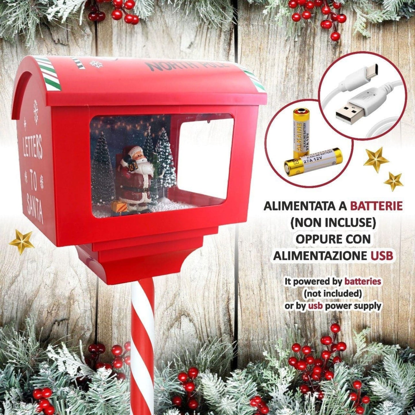 Cassetta Postale Babbo Natale da 150cm con Palo Luci LED e Suoni Idea Regalo