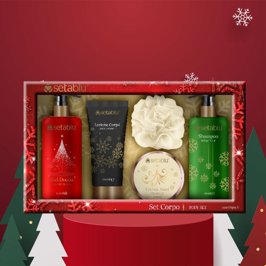Setablu Set Corpo Natalizio con Gel Doccia + Shampoo Lozione Corpo + Crema Mani+ Spugna doccia