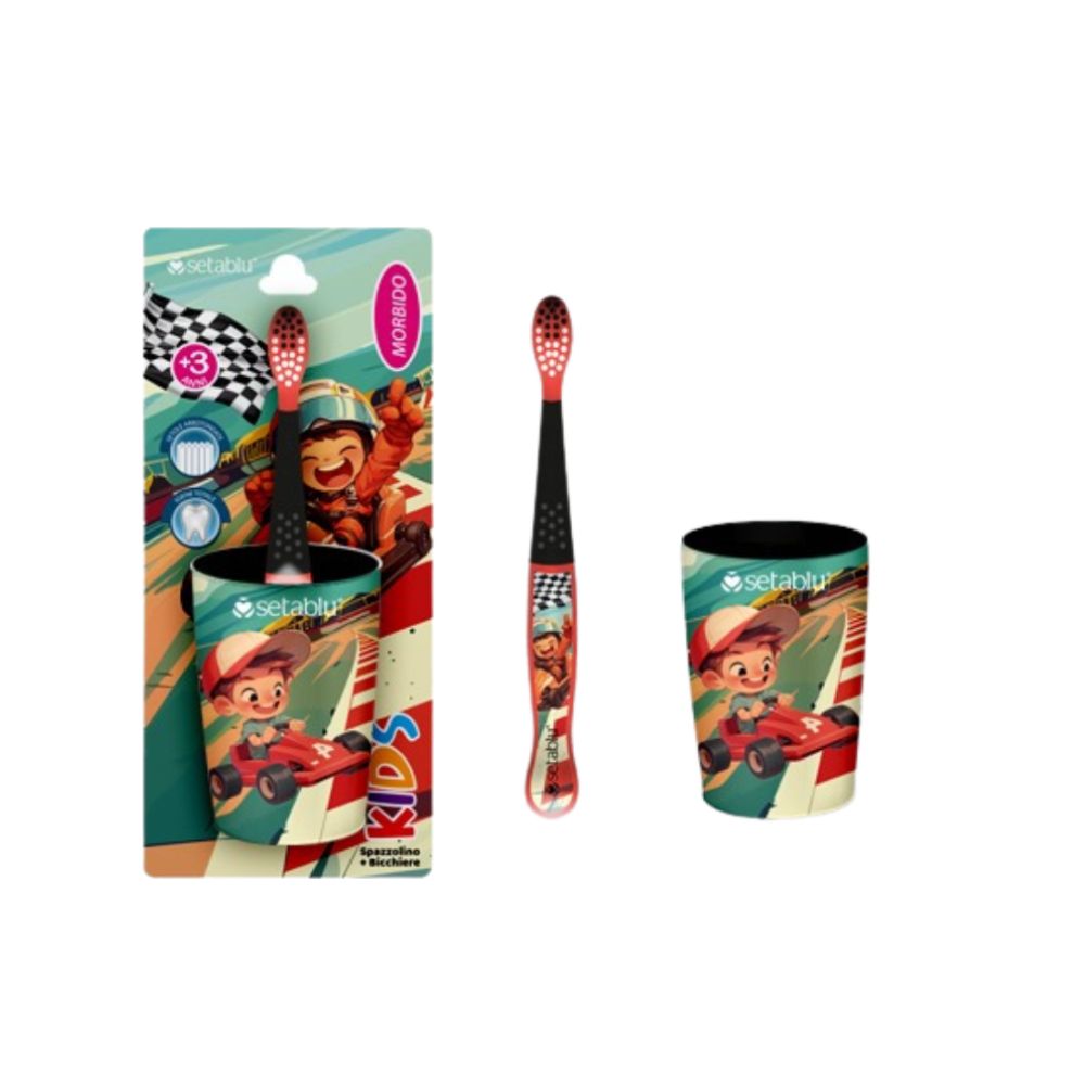 Setablu Spazzolino Kids Morbido + Bicchiere Personaggi a scelta Kids
