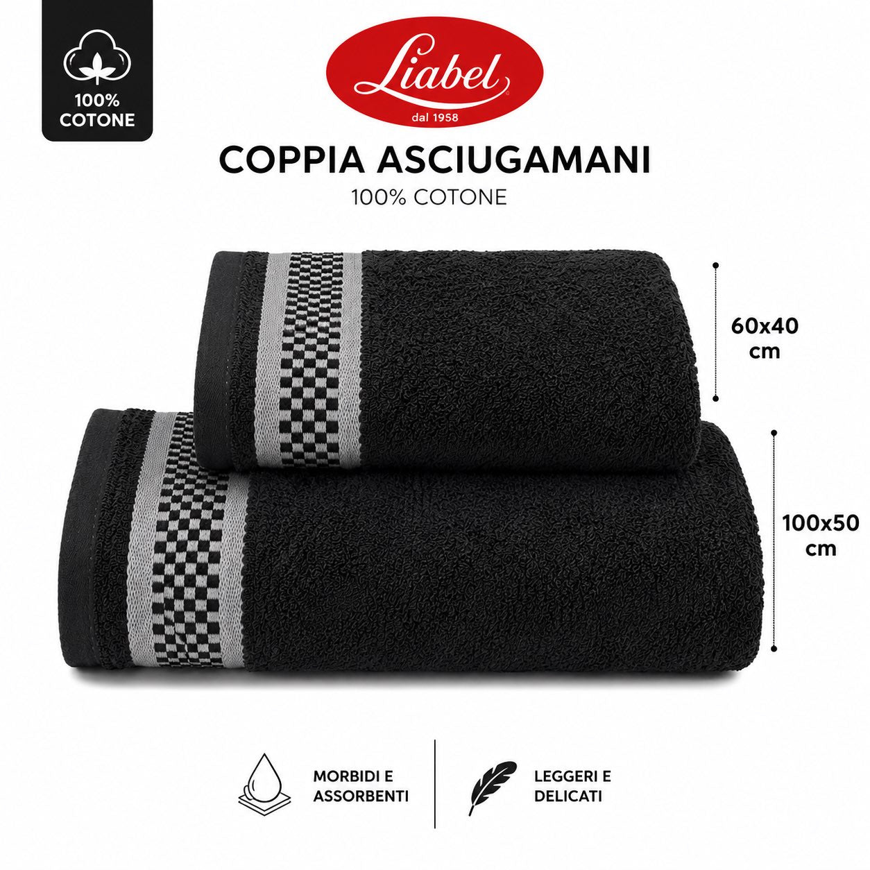 Liabel Asciugamani Set 2 pezzi 100x50 e 60x40 Nero