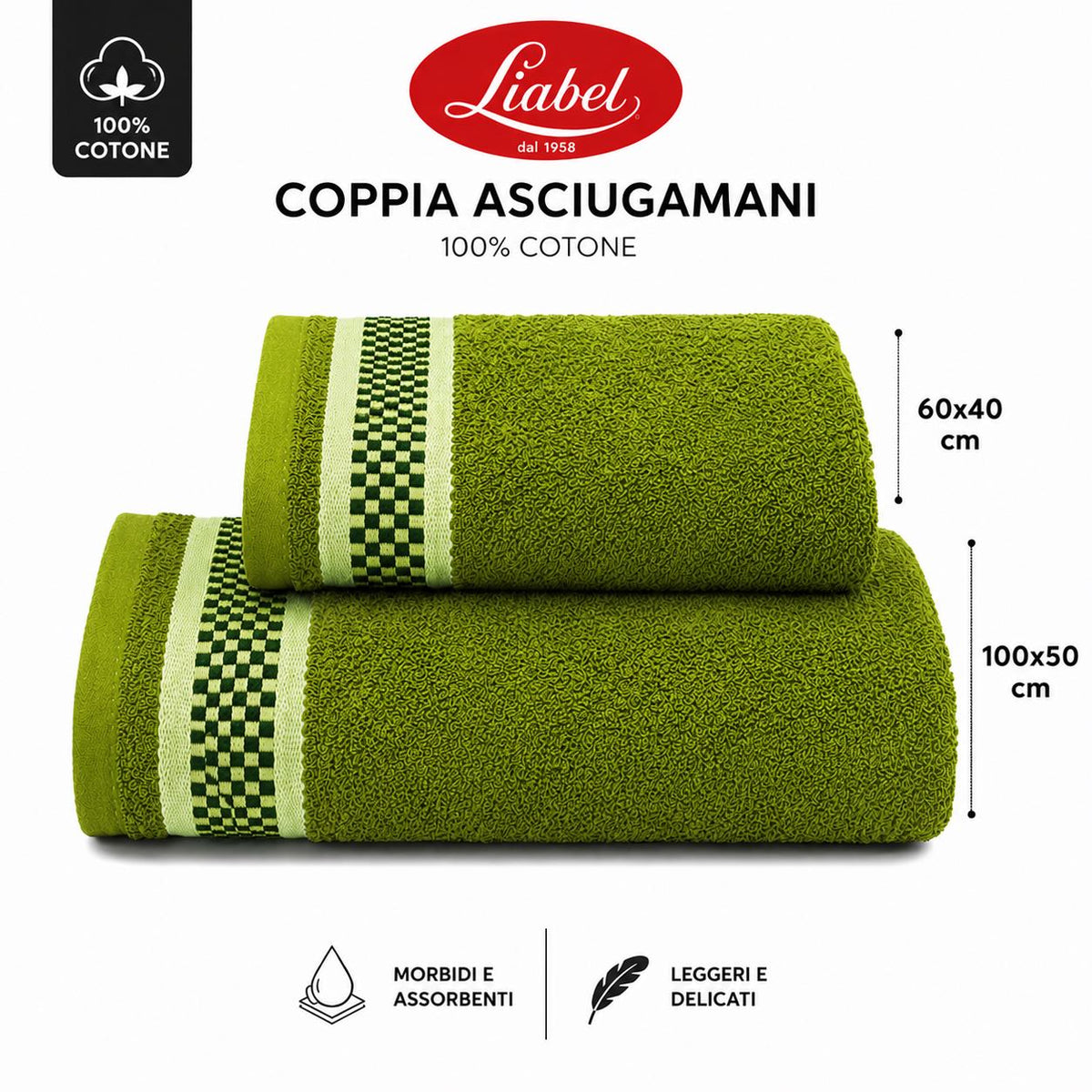 Liabel Asciugamani Set 2 pezzi 100x50 e 60x40 Verde