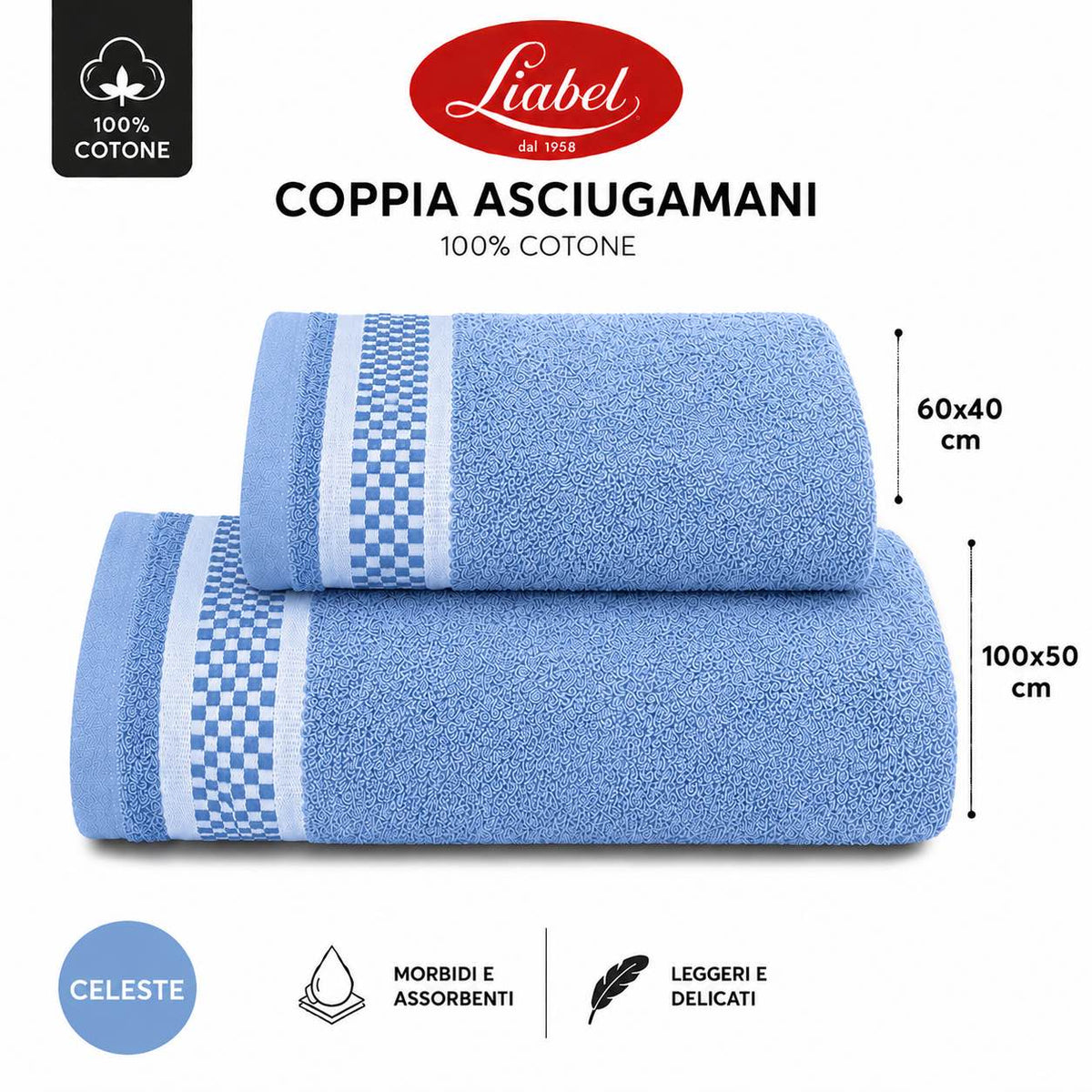 Liabel Asciugamani Set 2 pezzi 100x50 e 60x40 Azzurro