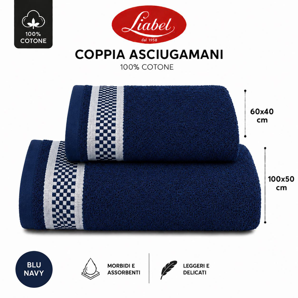 Liabel Asciugamani Set 2 pezzi 100x50 e 60x40 Blu Notte