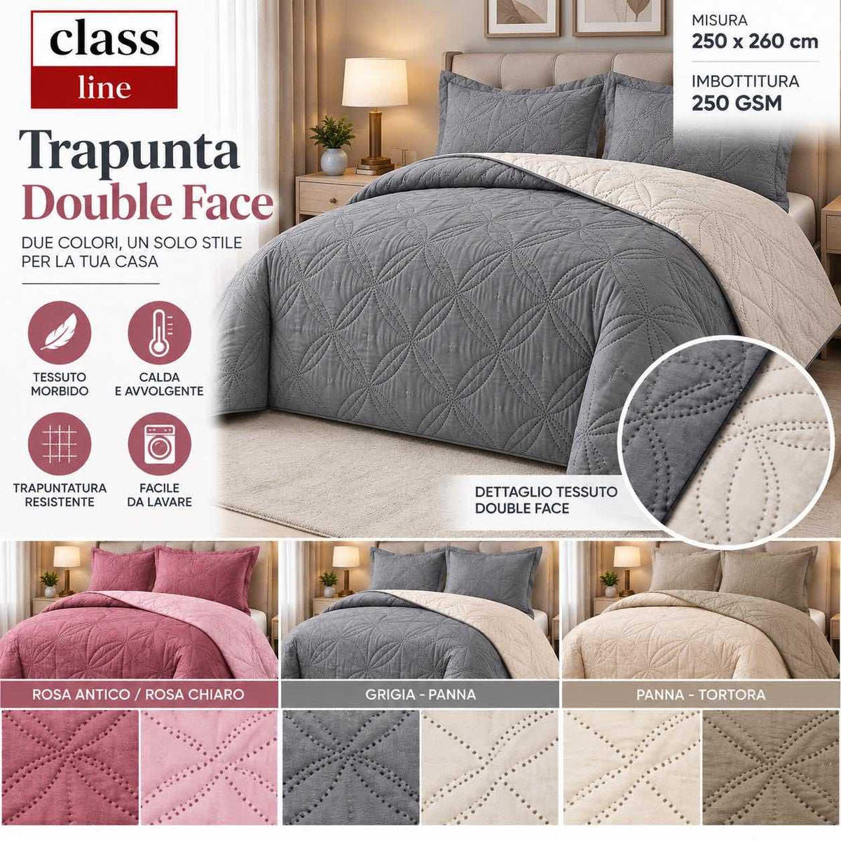 Trapuntina Double Face Microfibra Matrimoniale Grigio e Panna 260 x 250 cm