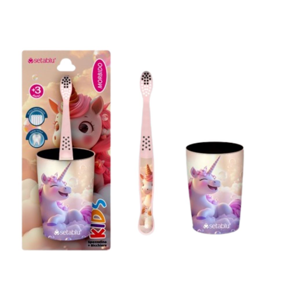Setablu Spazzolino Kids Morbido + Bicchiere Personaggi a scelta Kids