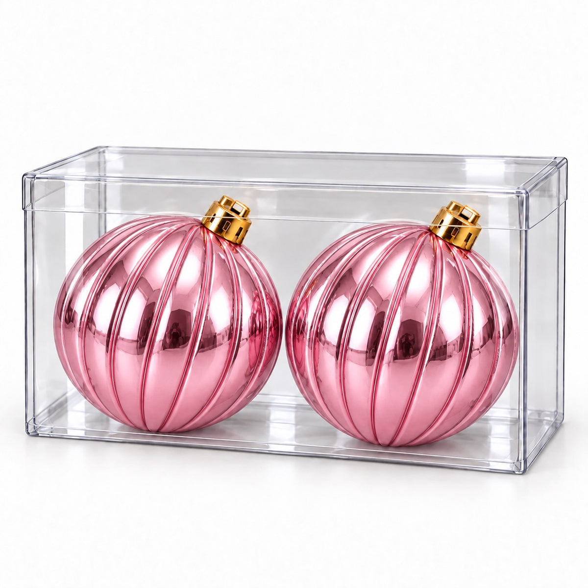 Box 2 Palle di Natale Colore Rosa Metallizzato Rigata di 12 cm di diametro