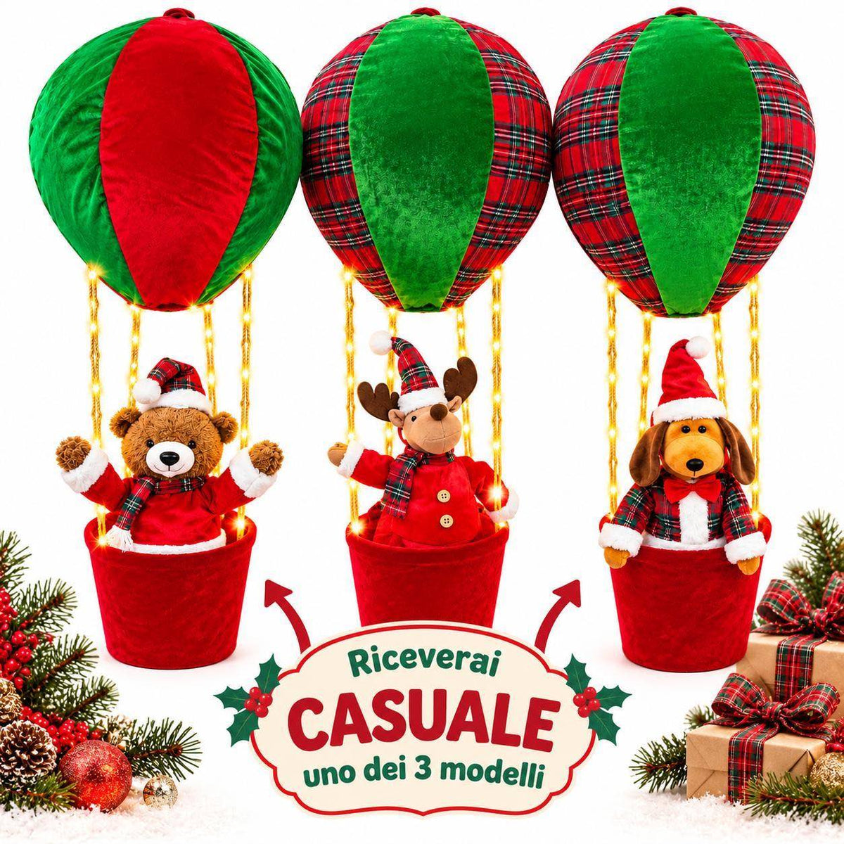 Pupazzo Natale in Mongolfiera, Set con Luci, 90 cm, Idea regalo