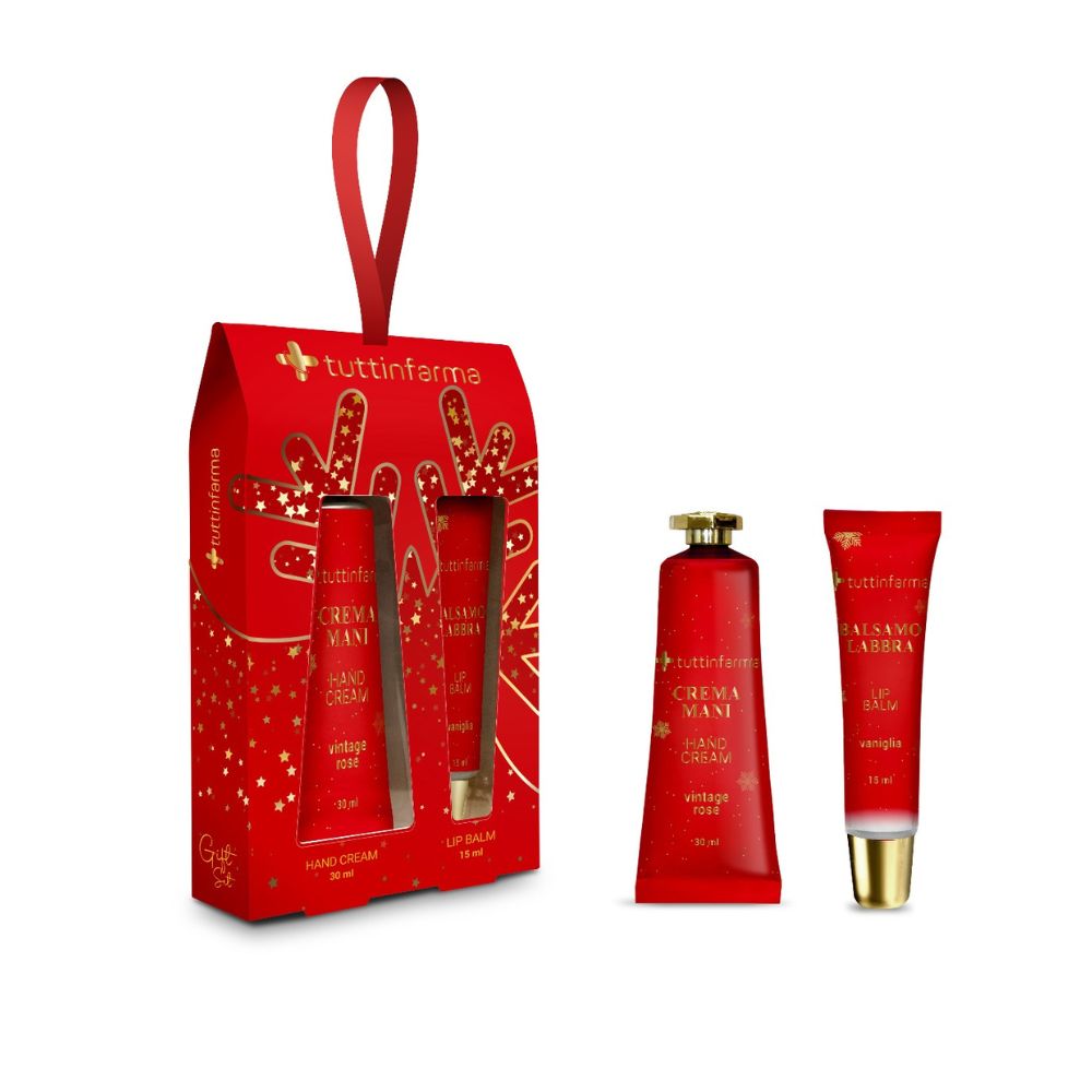 Tuttinferma Set Regalo Natalizio, Crema Mani Vintage Rose 30ml e Balsamo Labbra