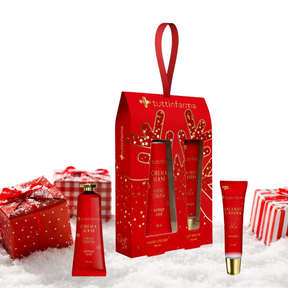 Tuttinferma Set Regalo Natalizio, Crema Mani Vintage Rose 30ml e Balsamo Labbra