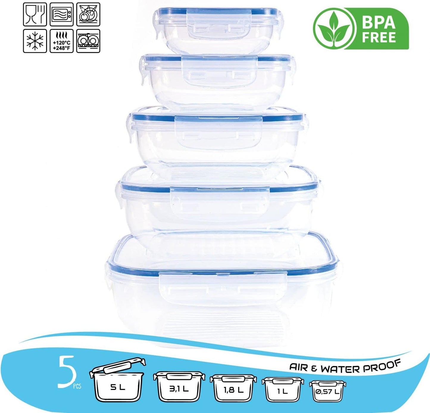 Velker - contenitori per alimenti, in plastica BPA FREE, con coperchio, Air e Water proof, Set da 10 pezzi Rettangolari (5 contenitori + 5 coperchi), 2.8 litri, 1.8 litri, 1.1 litri, 0.65 Lt e 0.35 Lt