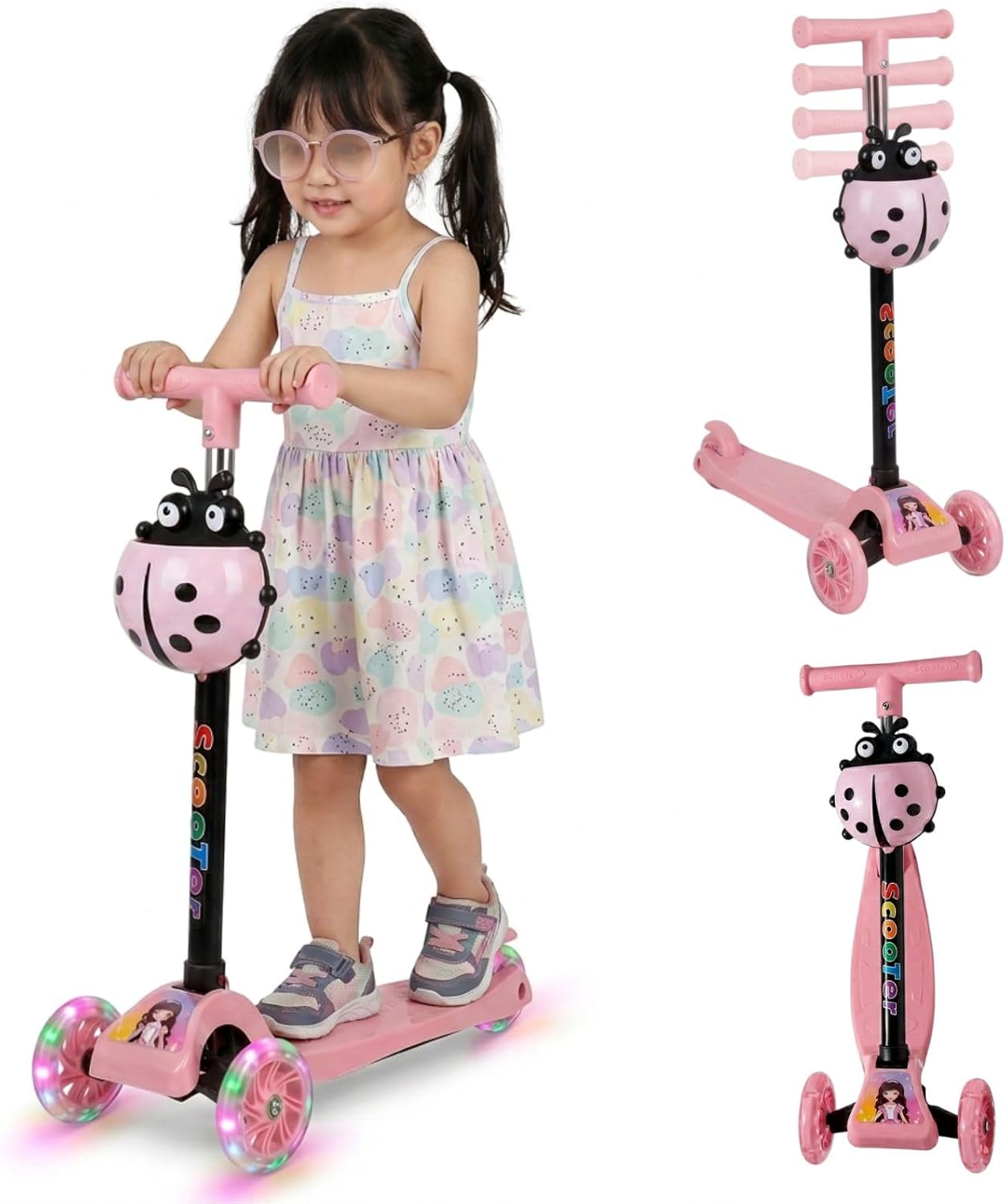 Monopattino per Bambini 3+ 3 Ruote con Luci LED Manubrio Regolabile 52-72 cm