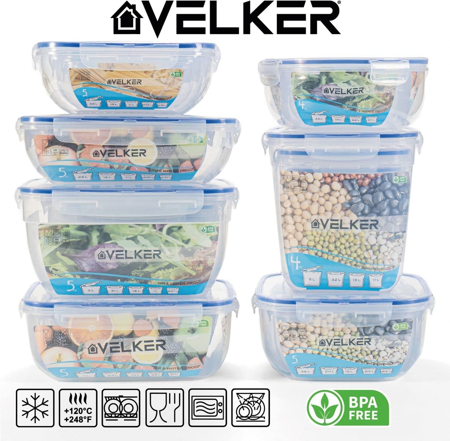 Velker - contenitori per alimenti, in plastica BPA FREE, con coperchio, Air e Water proof, Set da 10 pezzi Rettangolari (5 contenitori + 5 coperchi), 2.8 litri, 1.8 litri, 1.1 litri, 0.65 Lt e 0.35 Lt