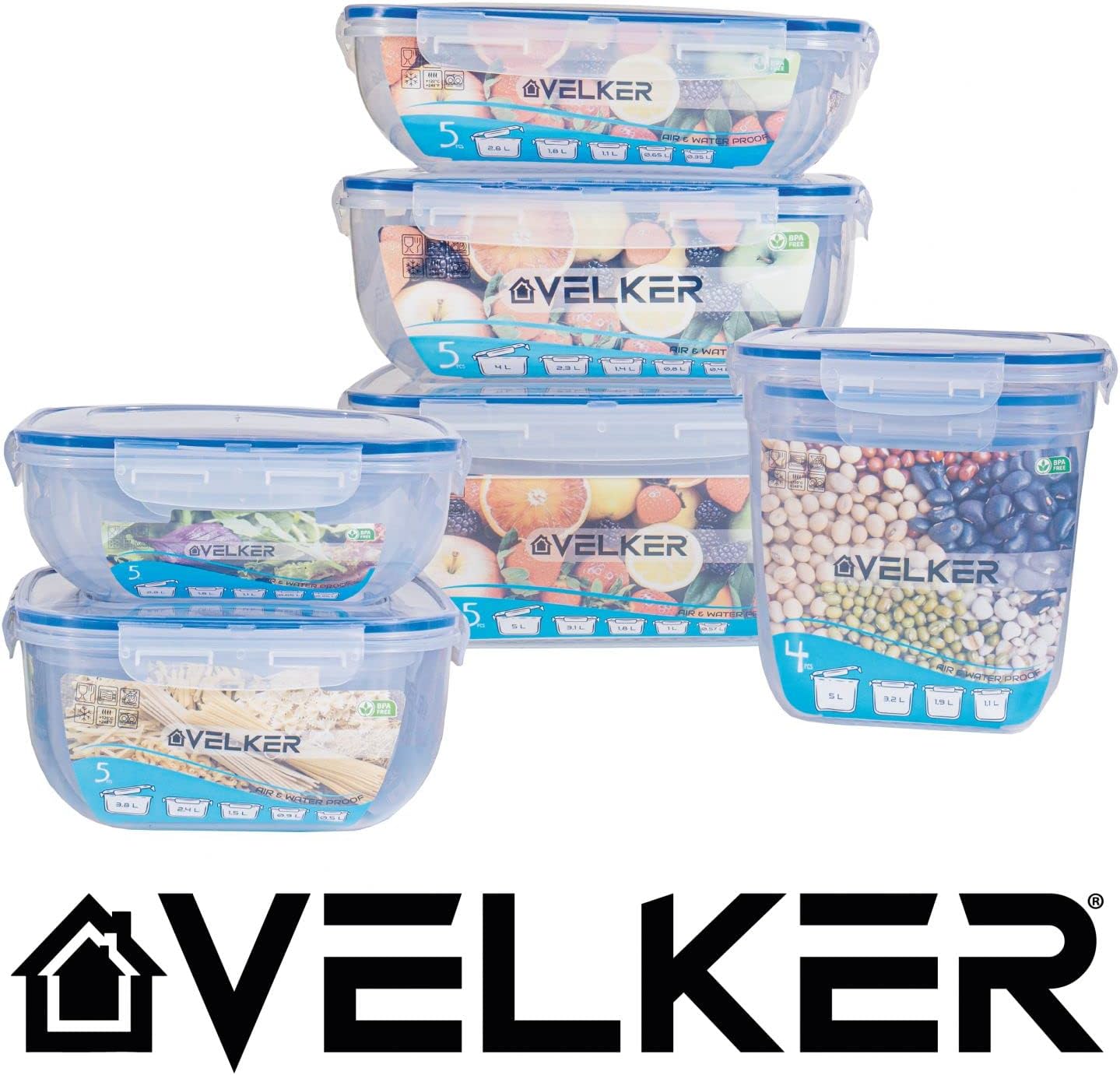 Velker - contenitori per alimenti, in plastica BPA FREE, con coperchio, Air e Water proof, Set da 10 pezzi Rettangolari (5 contenitori + 5 coperchi), 2.8 litri, 1.8 litri, 1.1 litri, 0.65 Lt e 0.35 Lt