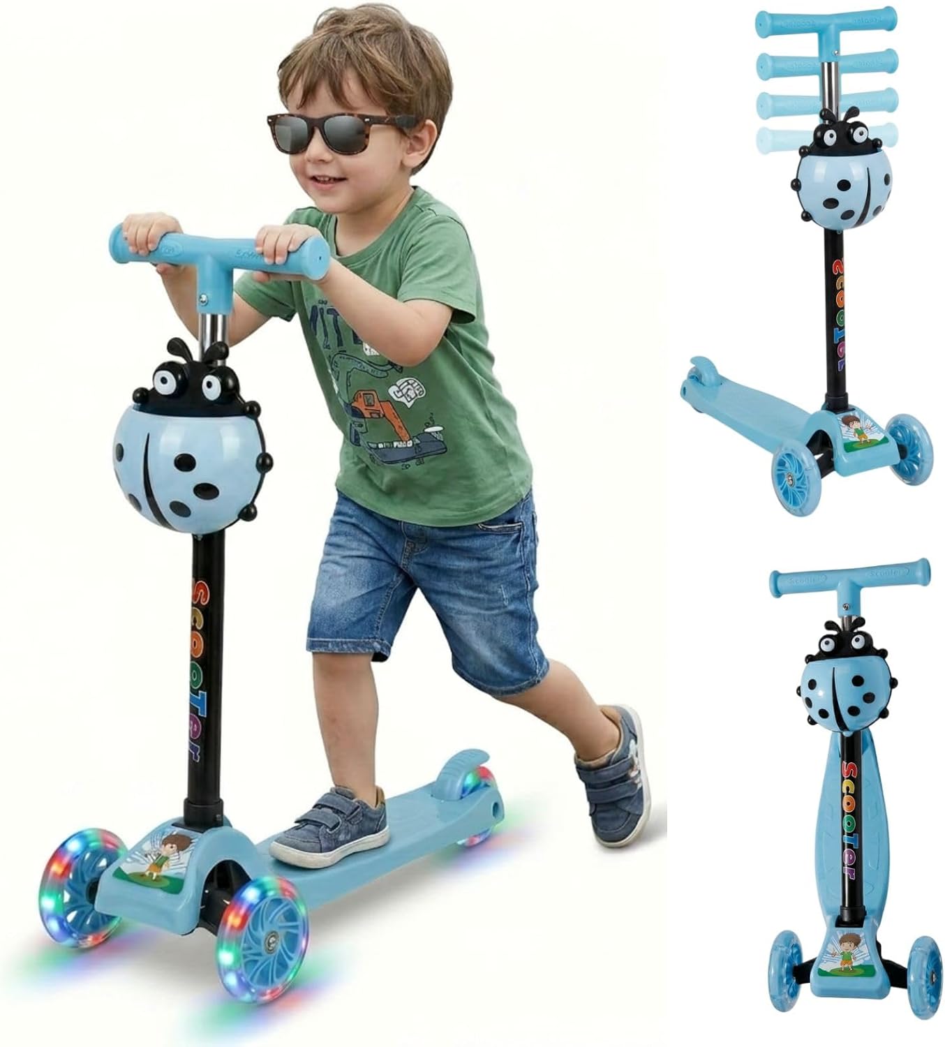 Monopattino per Bambini 3+ 3 Ruote con Luci LED Manubrio Regolabile 52-72 cm