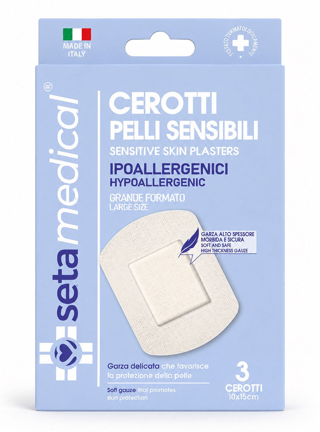 SetaBlu 3 Cerotti Ipoallergenici per Pelli Sensibili Grande Formato 10x15 cm