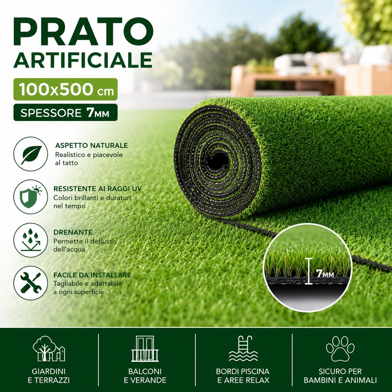 Prato Sintetico Artificiale 1x5 m Effetto Naturale Resistente UV per Esterno 8mm