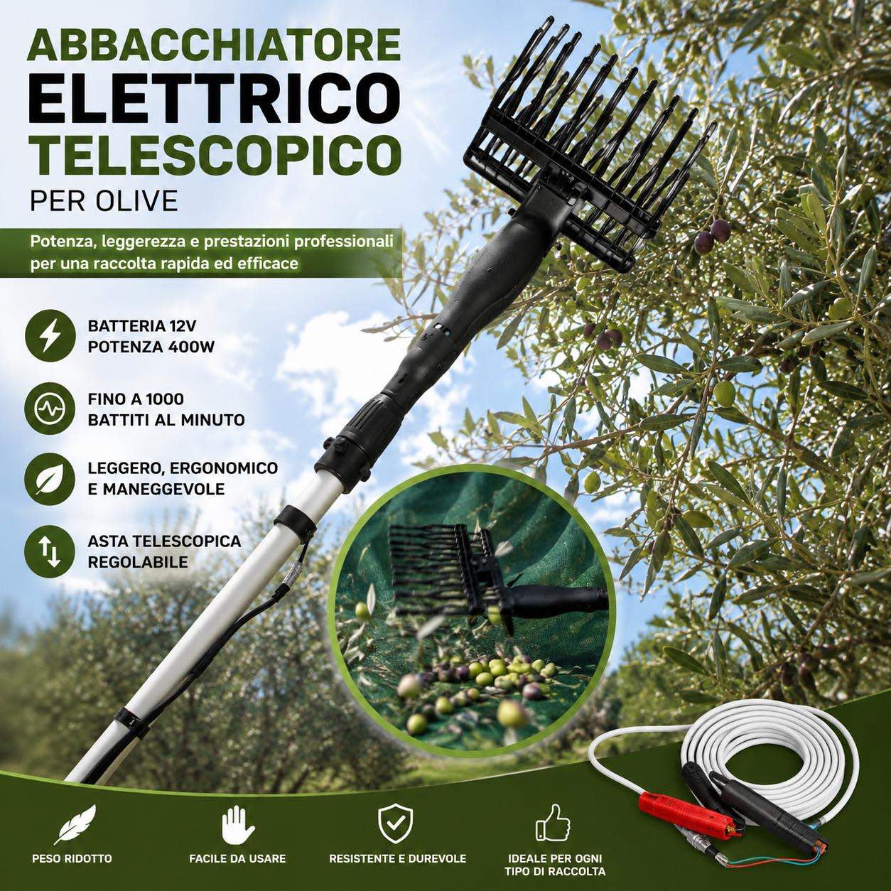 Abbacchiatore Elettrico Telescopico per Olive 12V 400W