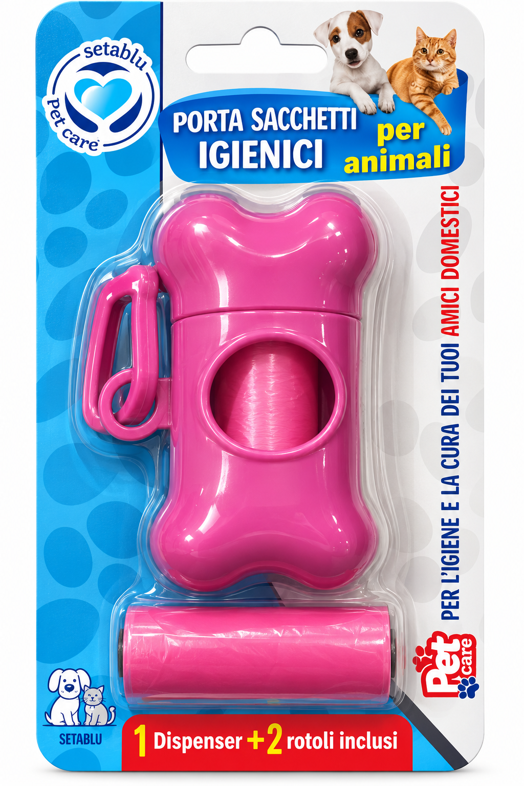 Setablu Porta Sacchetti Igienici per Cani con Clip Dispenser + 2 Rotoli Rosa
