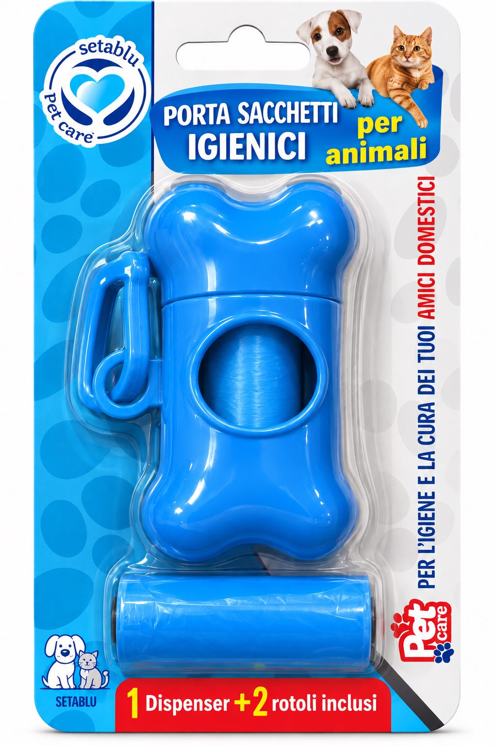 Setablu Porta Sacchetti Igienici per Cani con Clip Dispenser + 2 Rotoli Blu