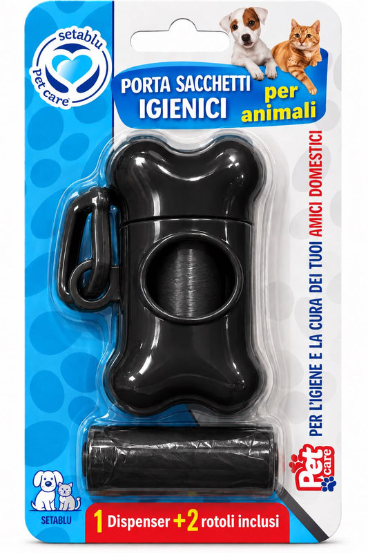 Setablu Porta Sacchetti Igienici per Cani con Clip Dispenser + 2 Rotoli Nero