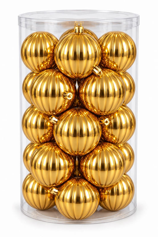 Box 12 Palle di Natale Colore Oro Metallizzato Rigato di 10 cm di diametro