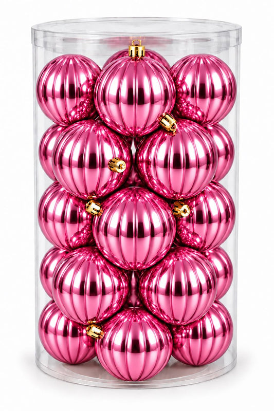 Box 16 Palle di Natale Colore Rosa Metallizzato Rigate di 8 cm di diametro