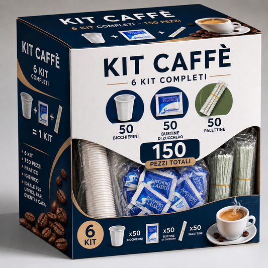 Kit Caffè Completo 150 Pezzi 50 Bicchierini 50 Bustine Zucchero e 50 Palette