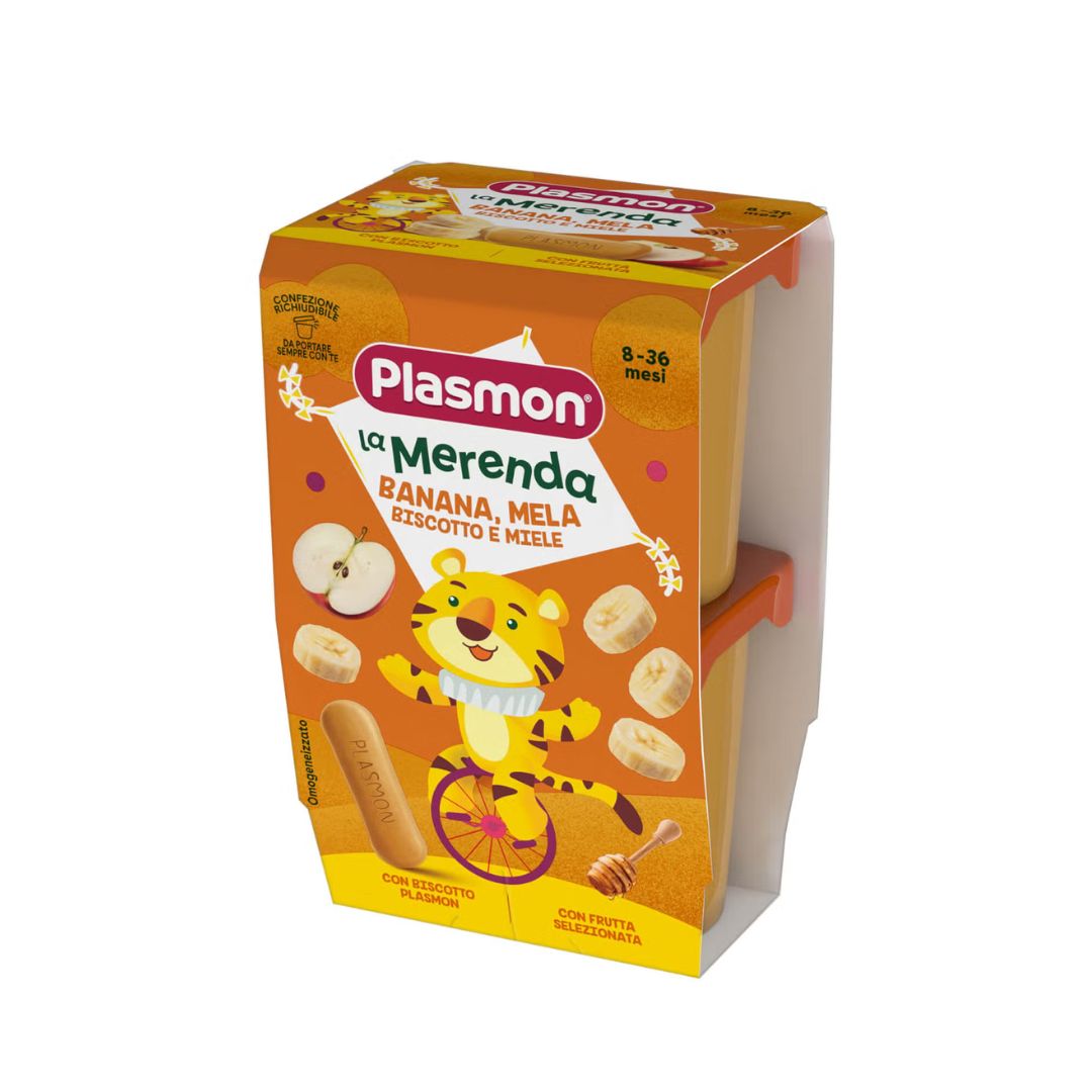 Plasmon La Merenda Banana, Mela, Biscotto e Miele in Vasetti 2x120g