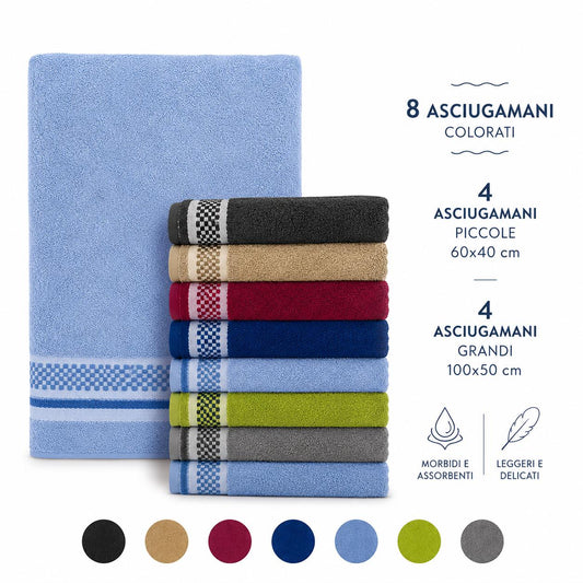 Set 8 Asciugamani in Spugna  4 Asciugamani 60x40+4 Asciugamani 100x50 cm Colori Assortiti Casuali II