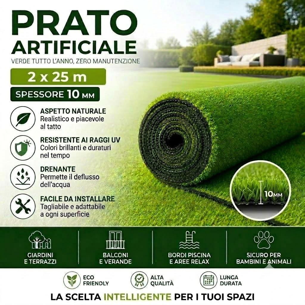 Prato Sintetico Artificiale 2x25 m Effetto Naturale Resistente UV per Esterno 10mm