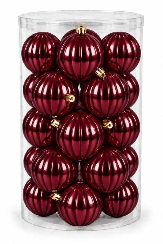 Box 16 Palle di Natale Colore Granata Rigate di 8 cm di diametro