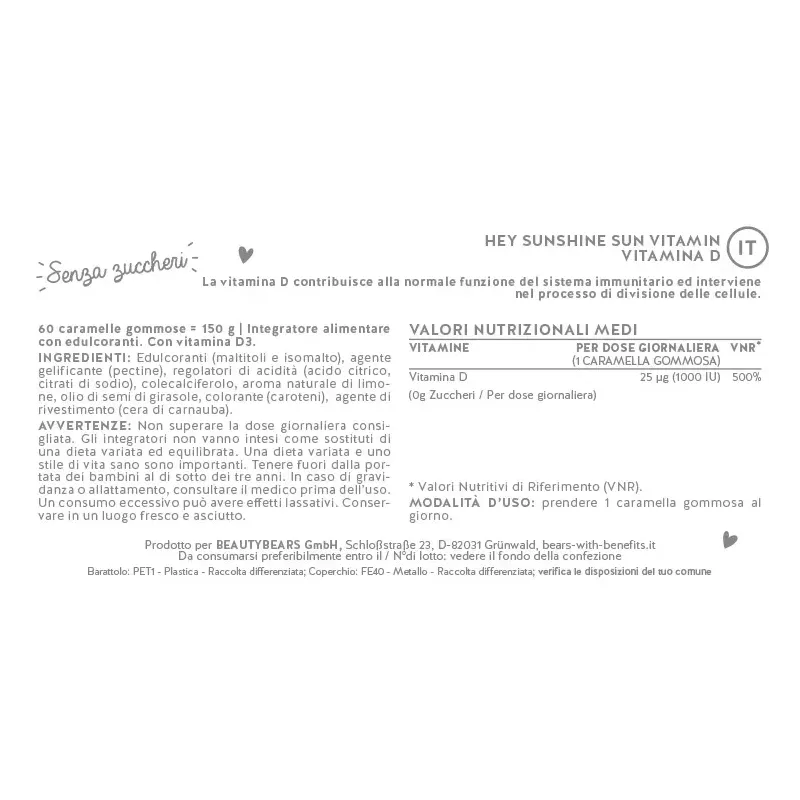 Hey Sunshine Sun Vitamina D Sistema Immunitario 45 Orsetti Gommosi Senza Zucchero