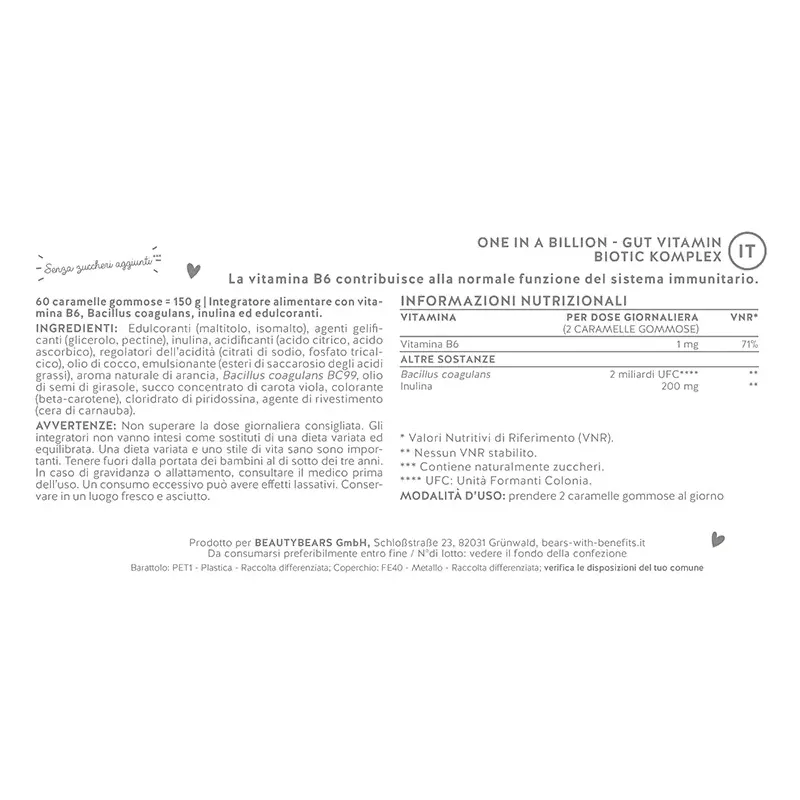 One in a Billion Gut Vitamin Probiotici per Intestino 45 Orsetti Gommosi