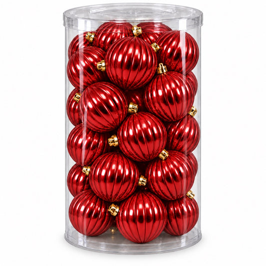 Box 30 Palle di Natale Colore Rosso Metallizzato Rigata di 6 cm di diametro