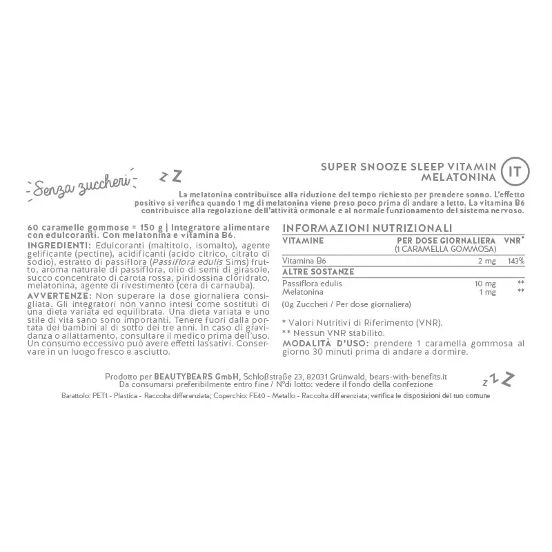 Super Snooze Sleep Vitamin Melatonina 45 Orsetti Gommosi Senza Zucchero